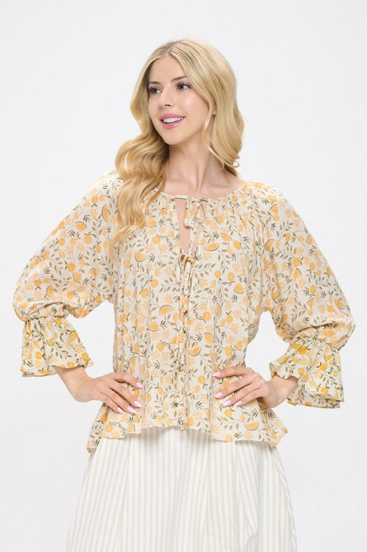 Lemon Print Cuffed Sleeve Top with Open Front Tie-1