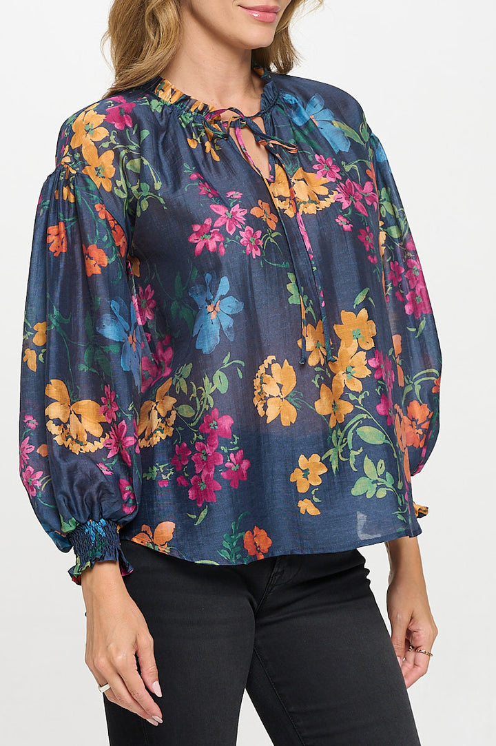 Floral Print V neck Top with Cuffed Sleeve-2