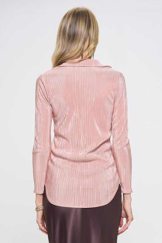 Plisse Solid Button Down Top with Collar-3