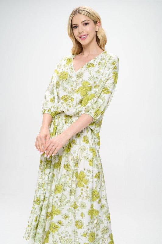 Floral Print V neck 3/4 Sleeve Top-1
