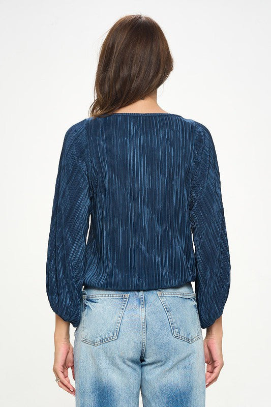 Plisse Solid Round neck Top with 3/4 Sleeve-3