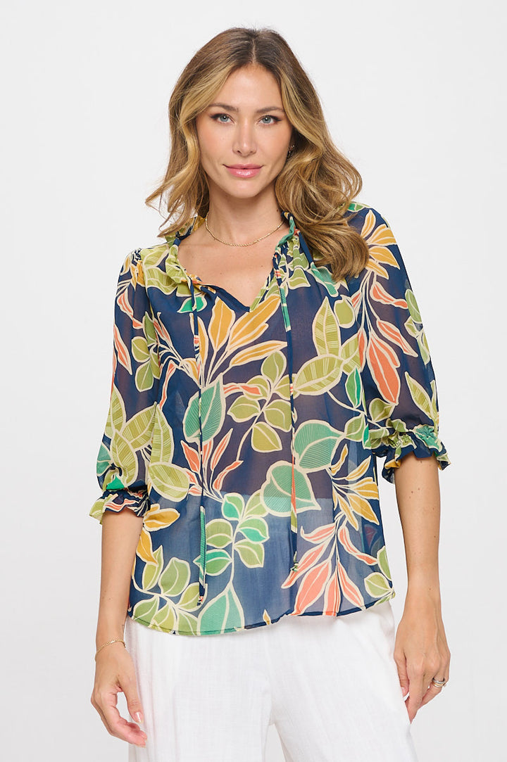 Semi Sheer Leaf Print 3/4 Sleeve Top with Tie-1