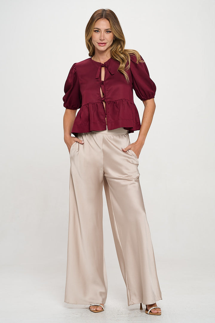 Tencel Puff Sleeve Top with Front Bow Detail-4