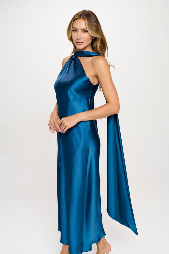 One Shoulder Satin Maxi Dress with Scarf Detail-0