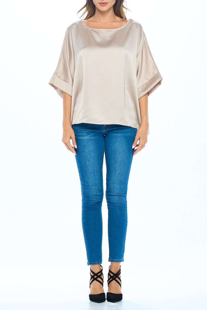 Stretch Satin Solid Round neck Oversize Top-3