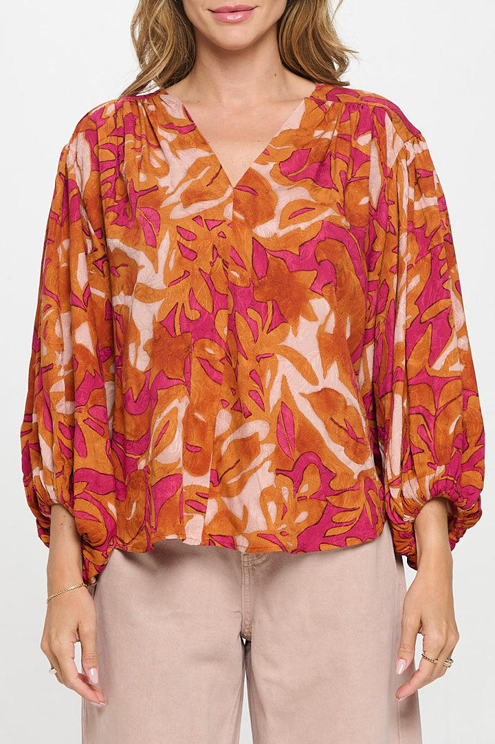 Floral Print V neck Top with Balloon Sleeve-1