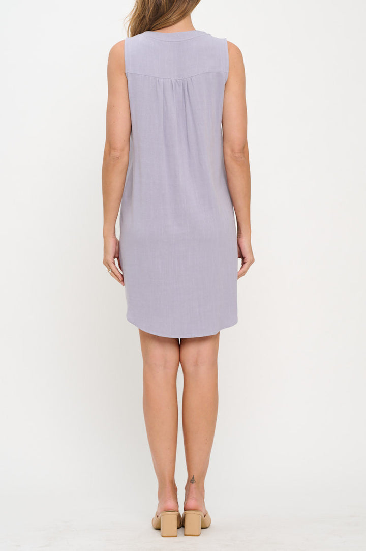Linen V neck Sleeveless Dress with Curved Hem-3