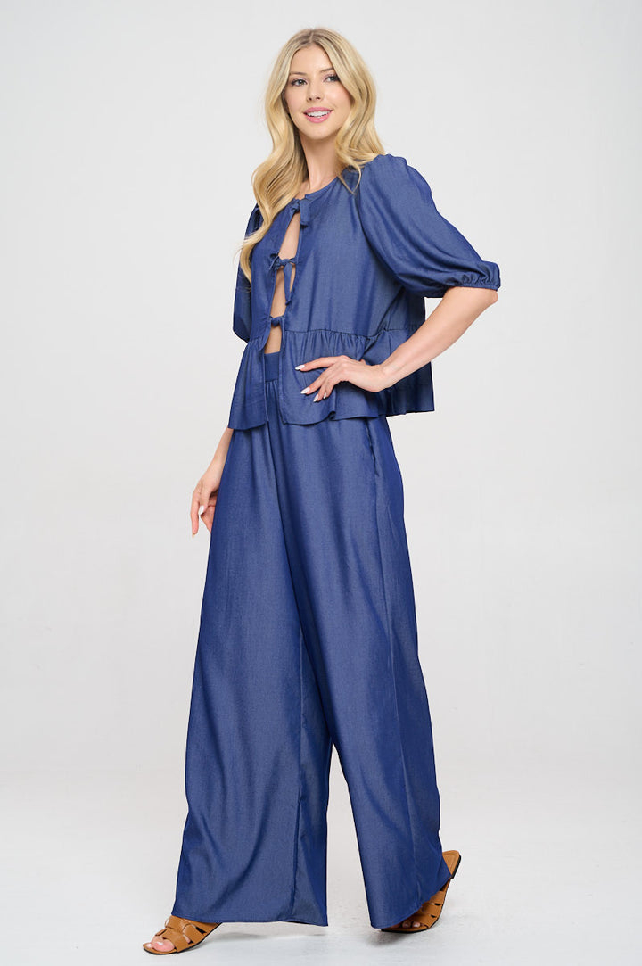 Denim Tencel Puff Sleeve Top with Front Bow Detail-3