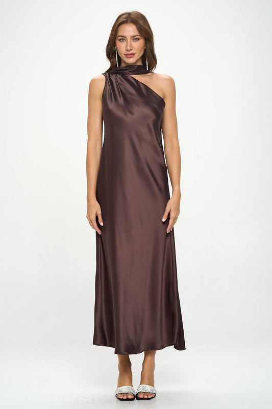 One Shoulder Satin Maxi Dress with Scarf Detail-1