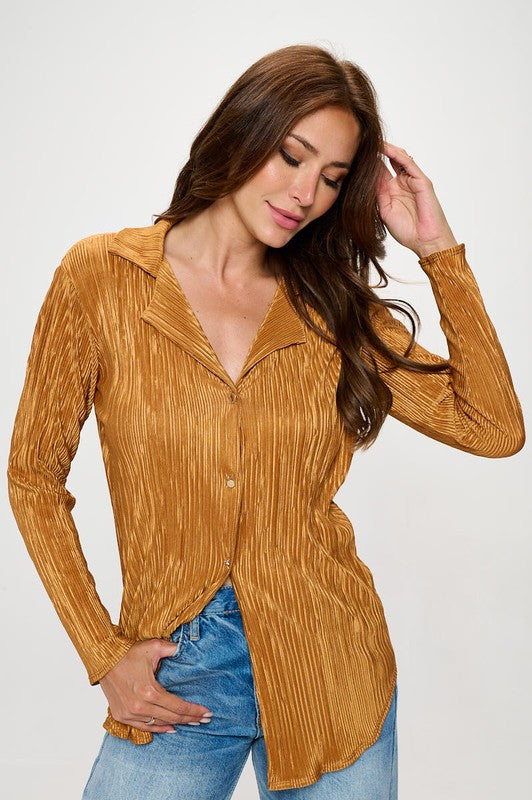 Plisse Solid Button Down Top with Collar-0