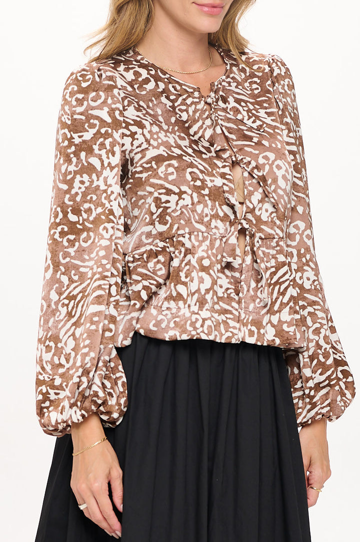 Animal Print Long Puff Sleeve Top with Front Tie Detail-2