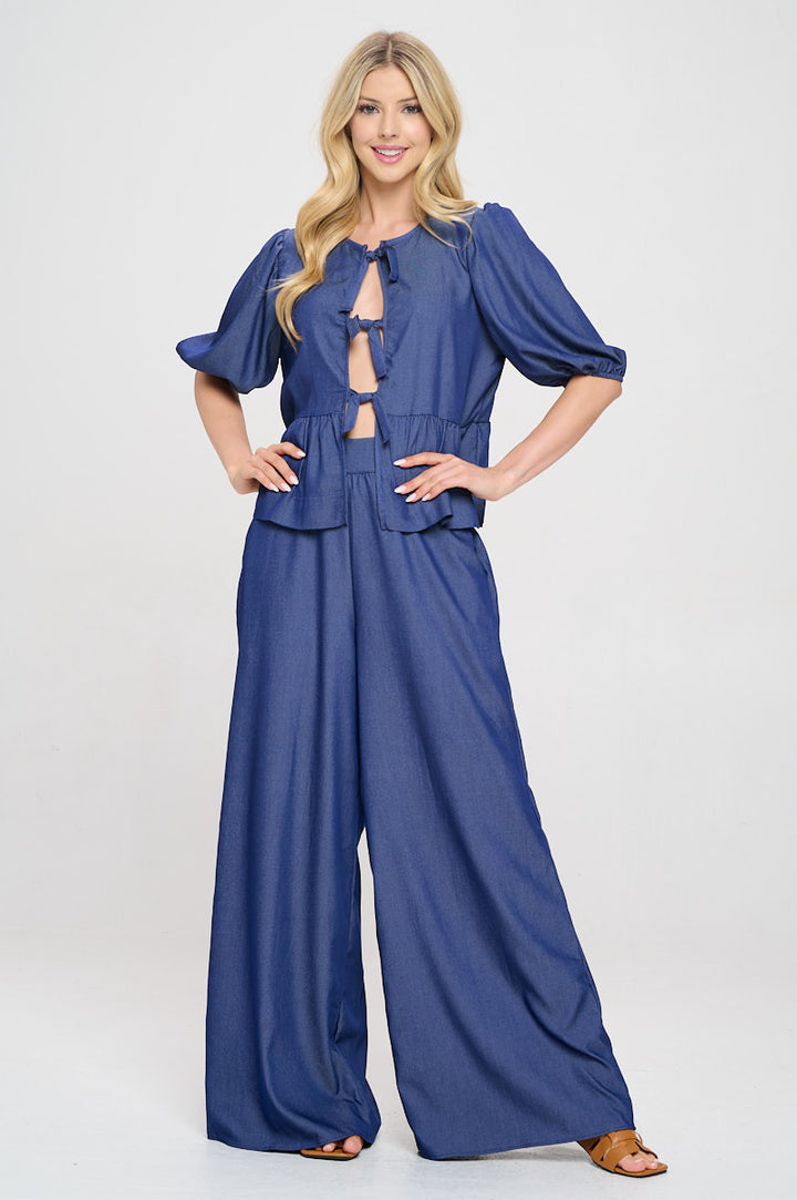 Denim Tencel Puff Sleeve Top with Front Bow Detail-2