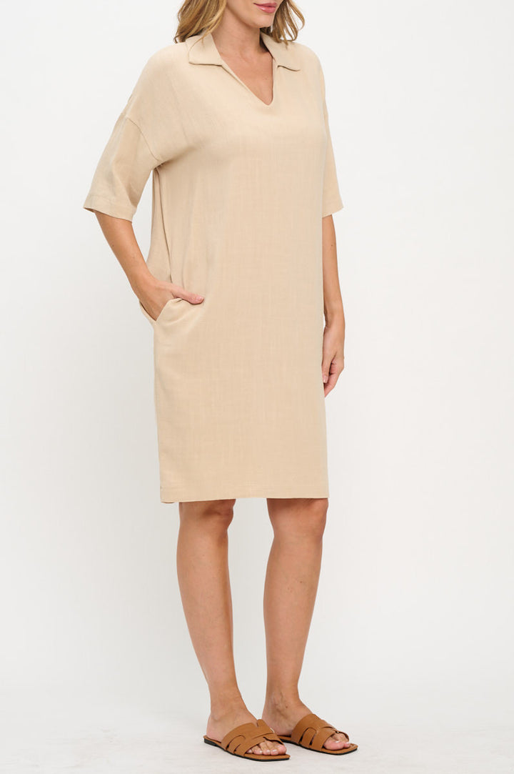 Linen V neck Collared Dress with Pockets-2