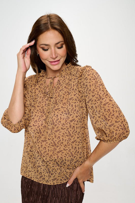Floral Print Semi Sheer Top with Tie-0