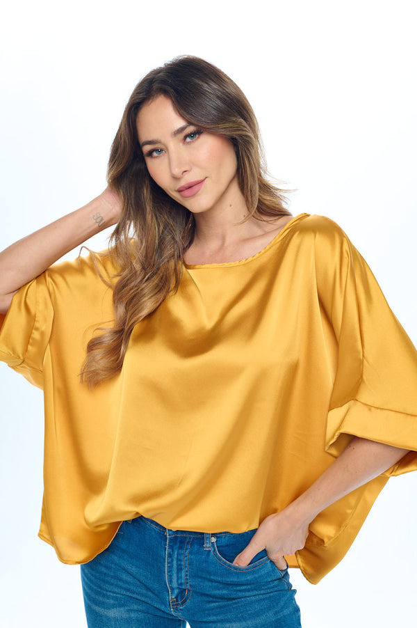 Stretch Satin Solid Round neck Oversize Top-0