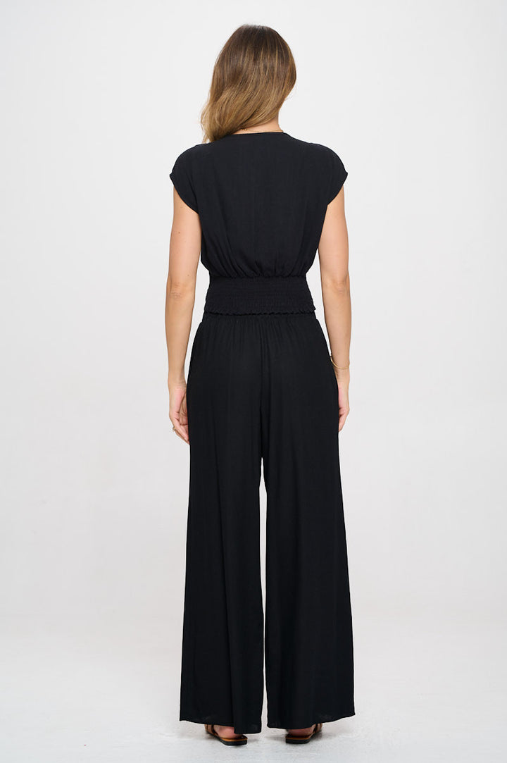 Solid Linen V neck Crop Top w Smock Back Detail-4