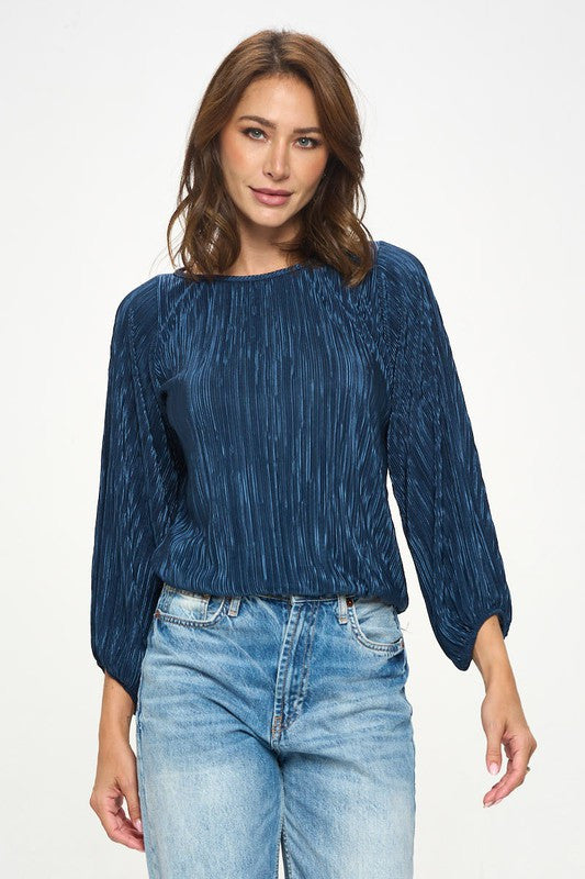Plisse Solid Round neck Top with 3/4 Sleeve-1