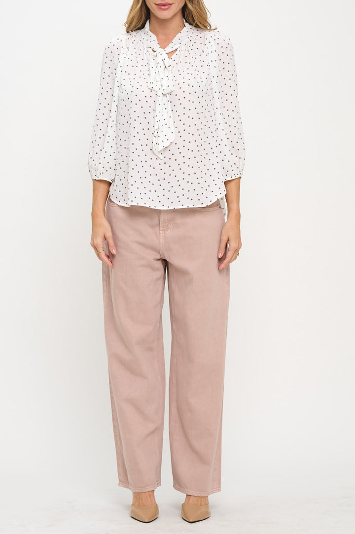 Polka Dot Semi Sheer Top with Neck Tie-1