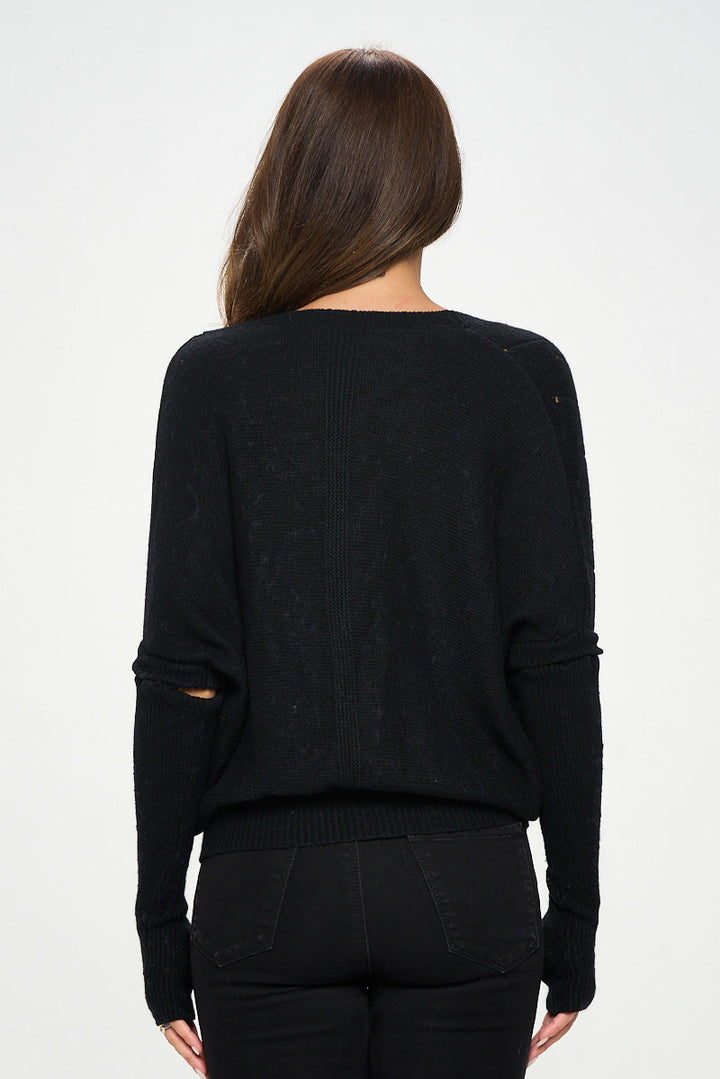 Black V neck Surplice Tunic Sweater with Sleeve Detail-2