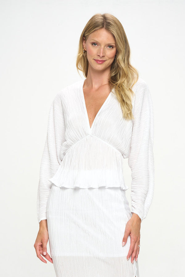 Plisse V neck Top with Balloon Dolman Sleeve-0