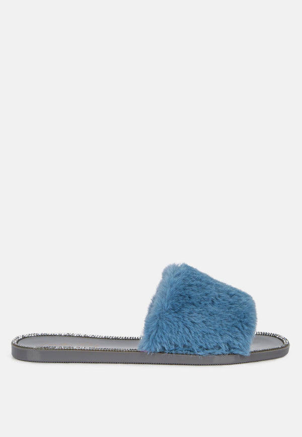 Geese Faux Fur Diamante Detail Jelly Flats-5