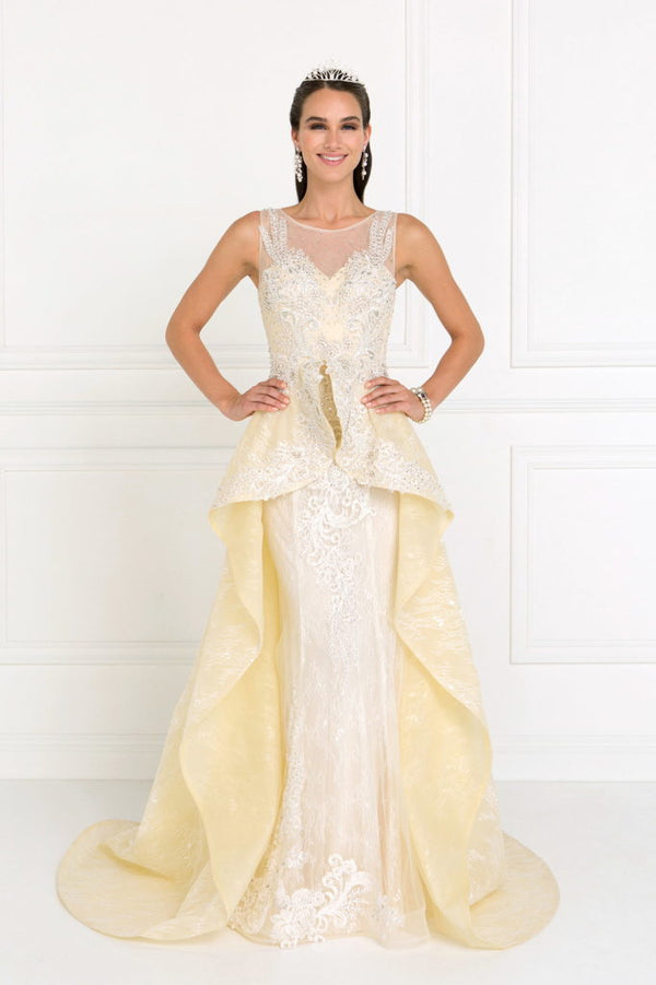 Lace Illusion Sweetheart A-Line Long Dress with Organza Overlay-0