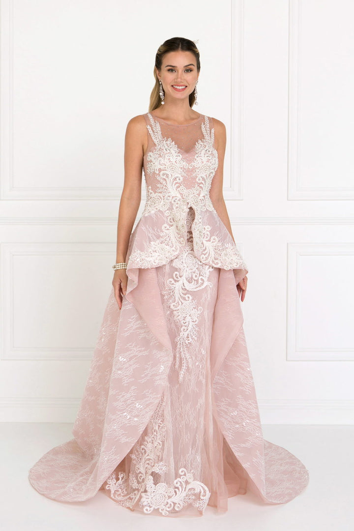 Lace Illusion Sweetheart A-Line Long Dress with Organza Overlay-2