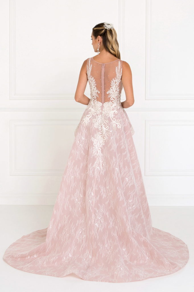 Lace Illusion Sweetheart A-Line Long Dress with Organza Overlay-3