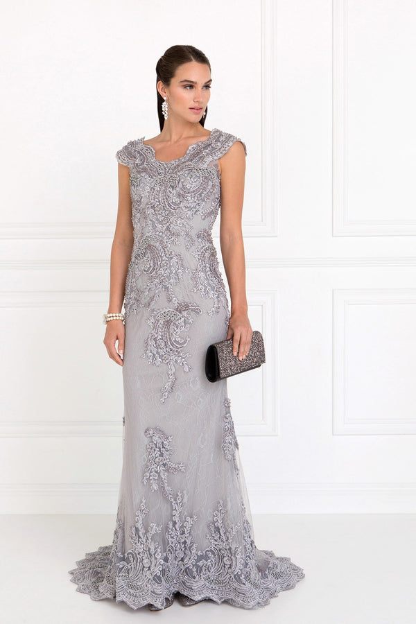 Lace Mermaid Long Dress with Embroidered V-Back-0