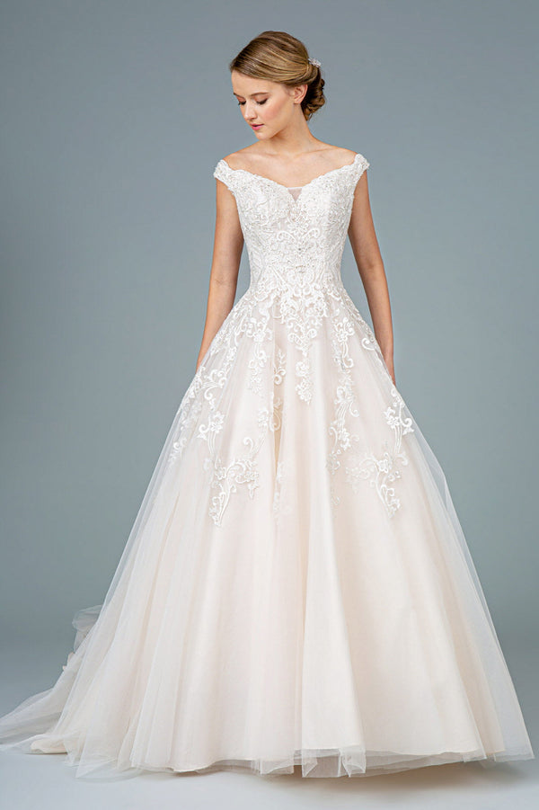 Embroidery Embellished Mesh A-Line Tail Long Wedding Dress GLGL1800-0
