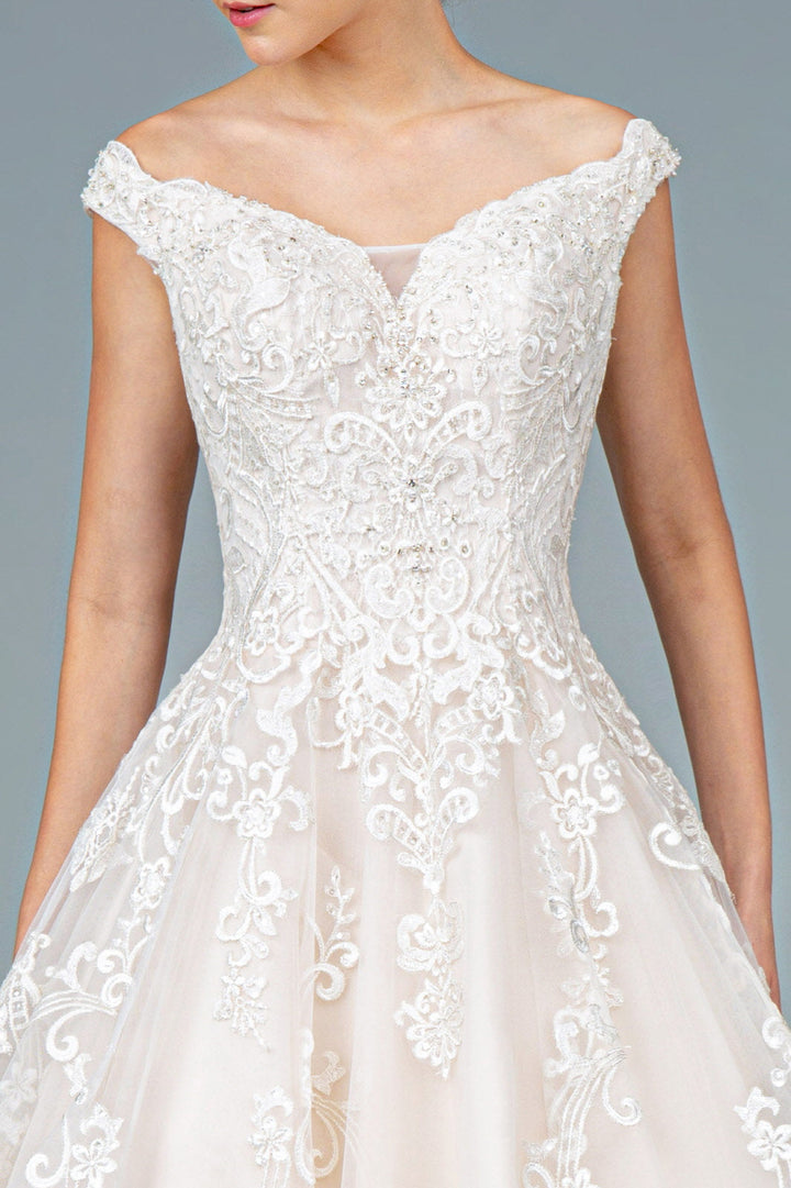 Embroidery Embellished Mesh A-Line Tail Long Wedding Dress GLGL1800-2