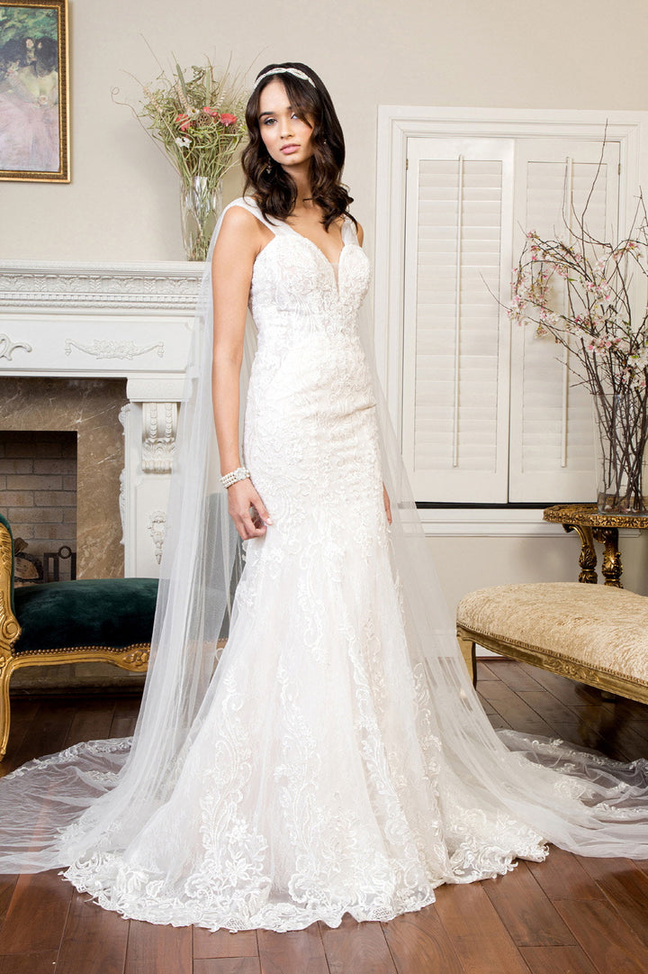 Embroidered V-Neck Mermaid w/ Detachable Cape Wedding Dress - Mask Not Included GLGL1935-0