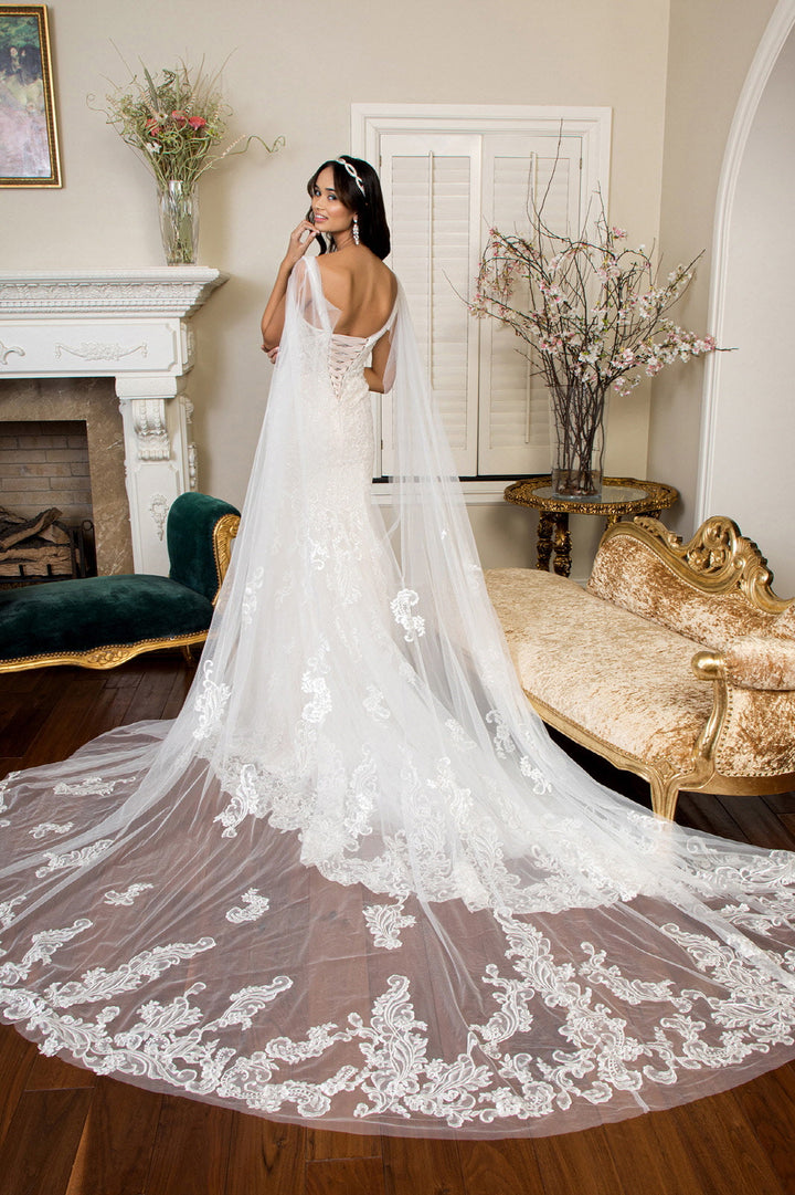 Embroidered V-Neck Mermaid w/ Detachable Cape Wedding Dress - Mask Not Included GLGL1935-2