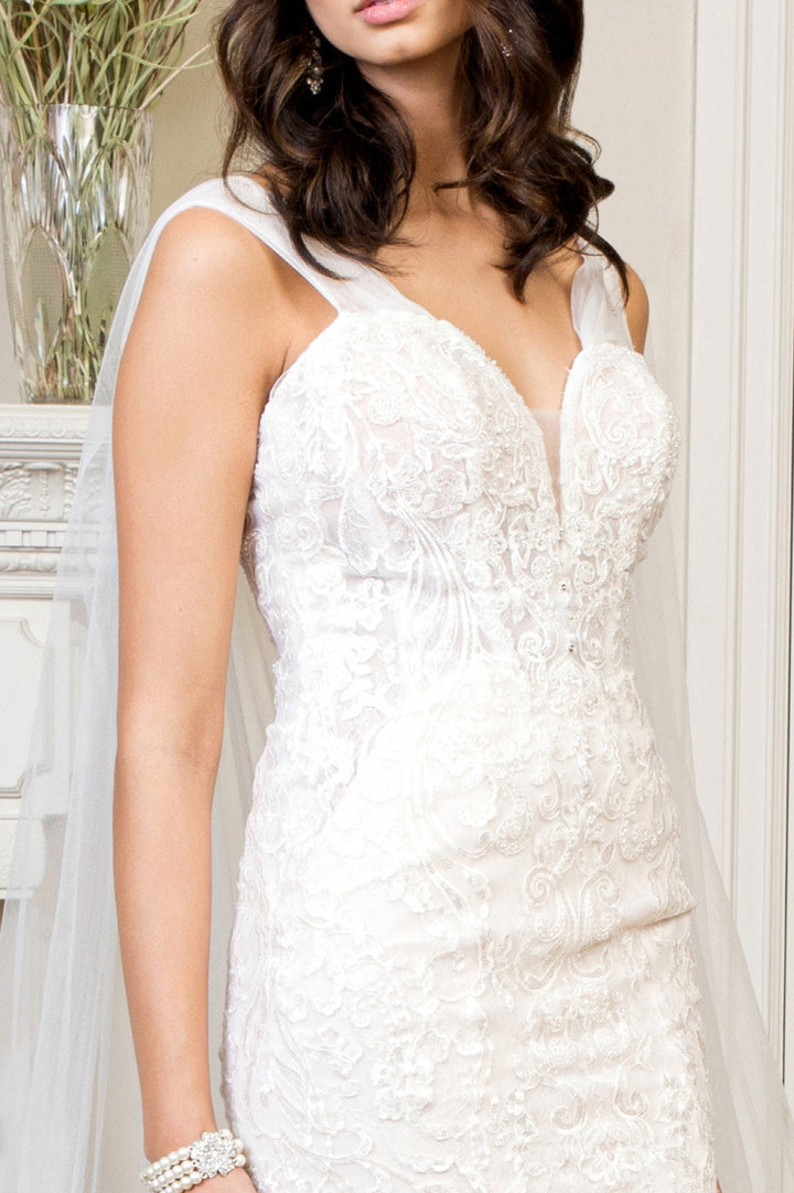 Embroidered V-Neck Mermaid w/ Detachable Cape Wedding Dress - Mask Not Included GLGL1935-4