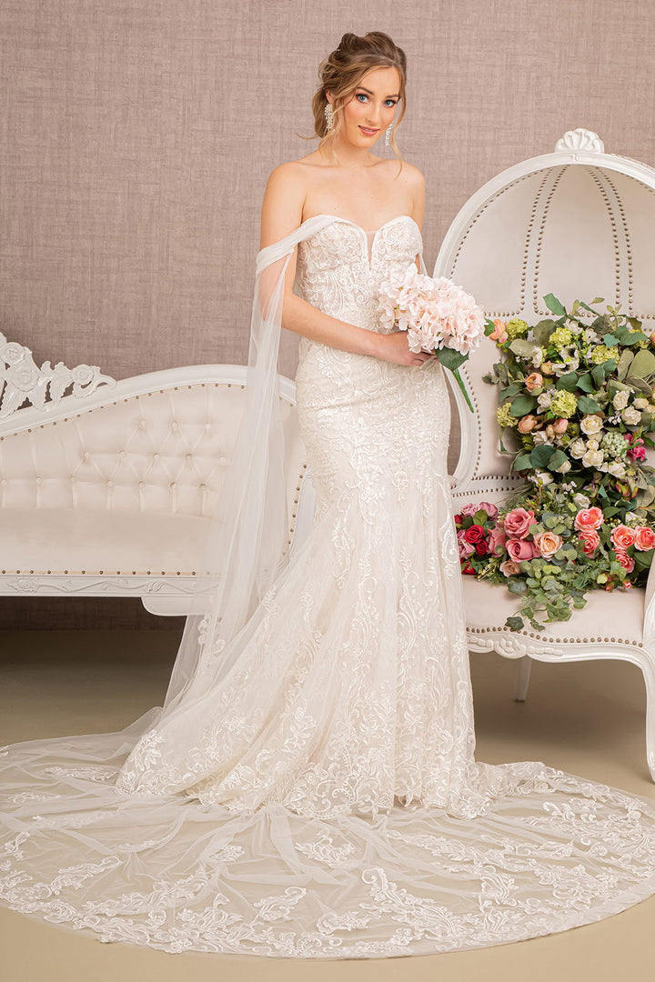 Embroidered V-Neck Mermaid w/ Detachable Cape Wedding Dress - Mask Not Included GLGL1935-1