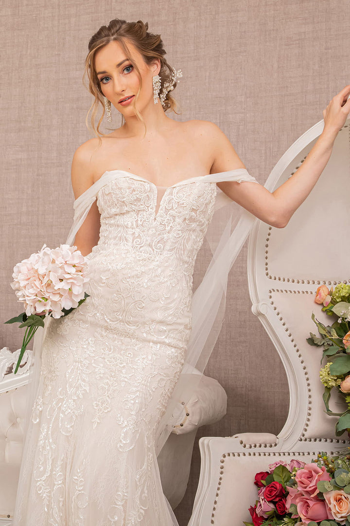Embroidered V-Neck Mermaid w/ Detachable Cape Wedding Dress - Mask Not Included GLGL1935-3