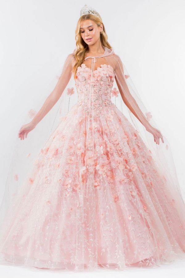 Sweetheart Neckline Beads and Jewel Embellished Bodice Quinceanera Dress w/ Mesh Cape-5