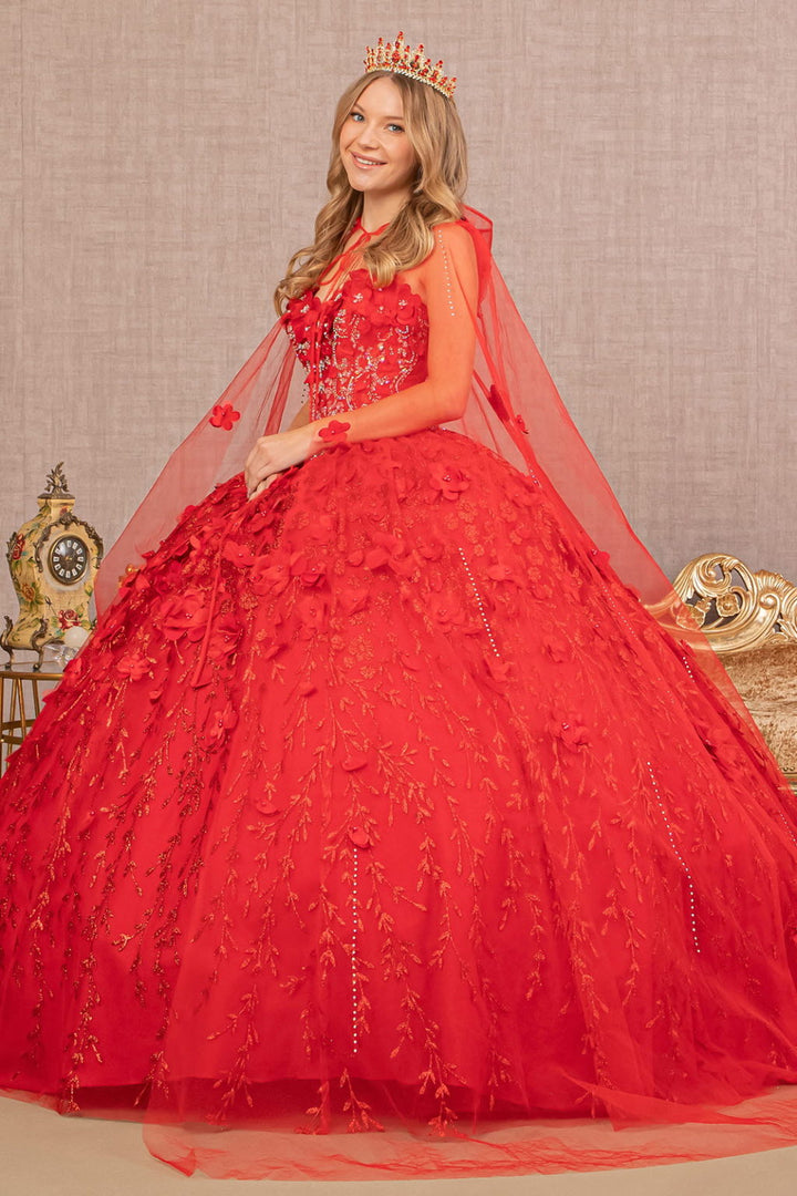 Sweetheart Neckline Beads and Jewel Embellished Bodice Quinceanera Dress w/ Mesh Cape-0