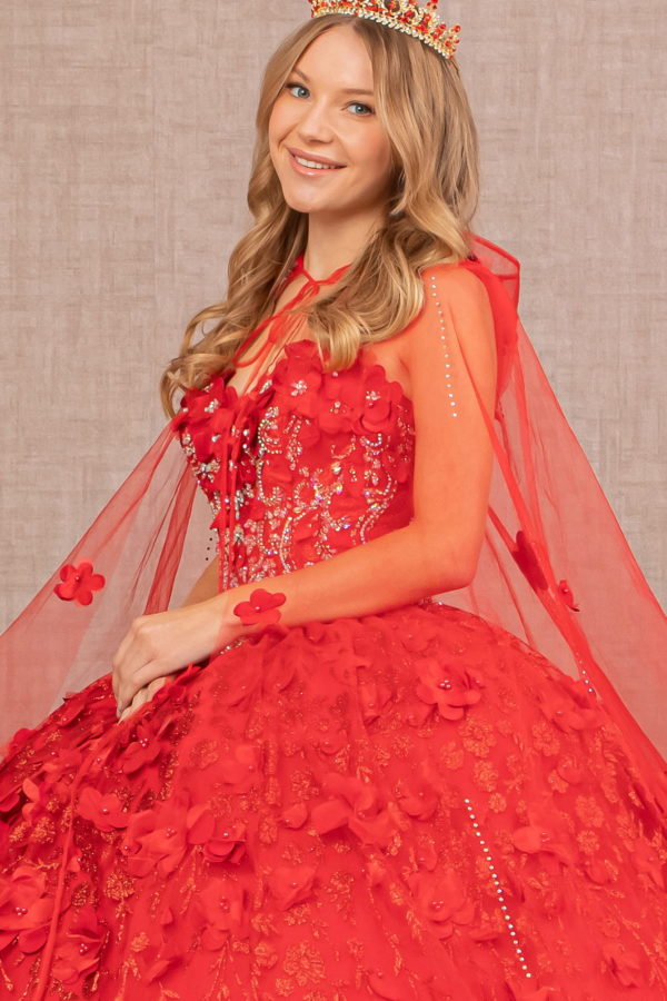 Sweetheart Neckline Beads and Jewel Embellished Bodice Quinceanera Dress w/ Mesh Cape-2