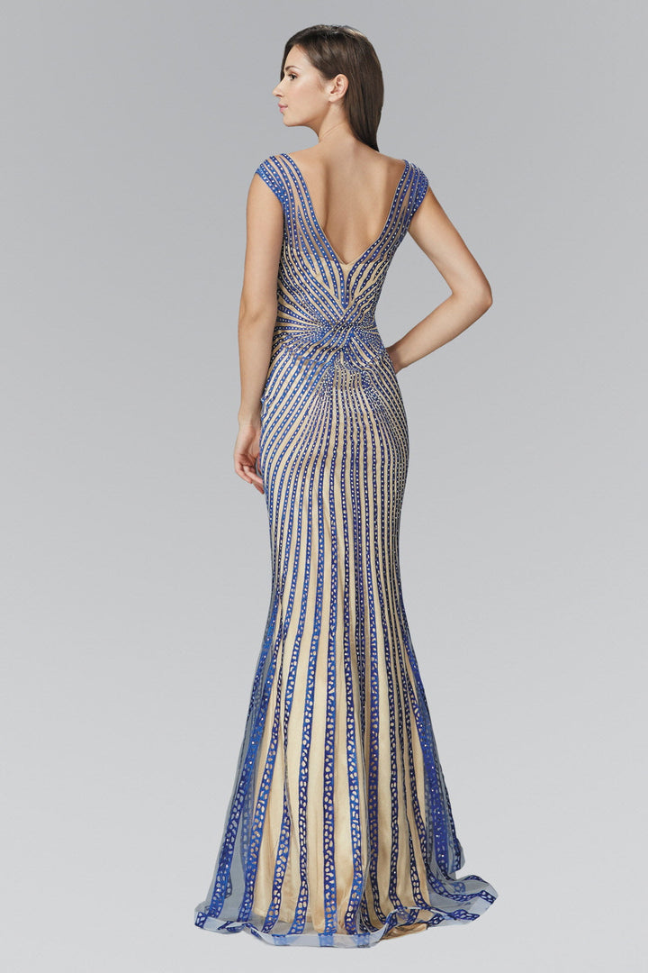 V-Neck Floor Length Dress with Rhinestone on Stripe-1