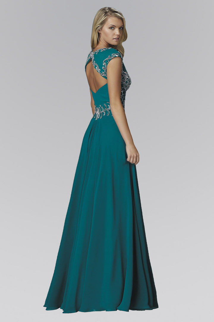 V-Neck Chiffon Floor Length Dress with Jewel Embellished Bodice-1