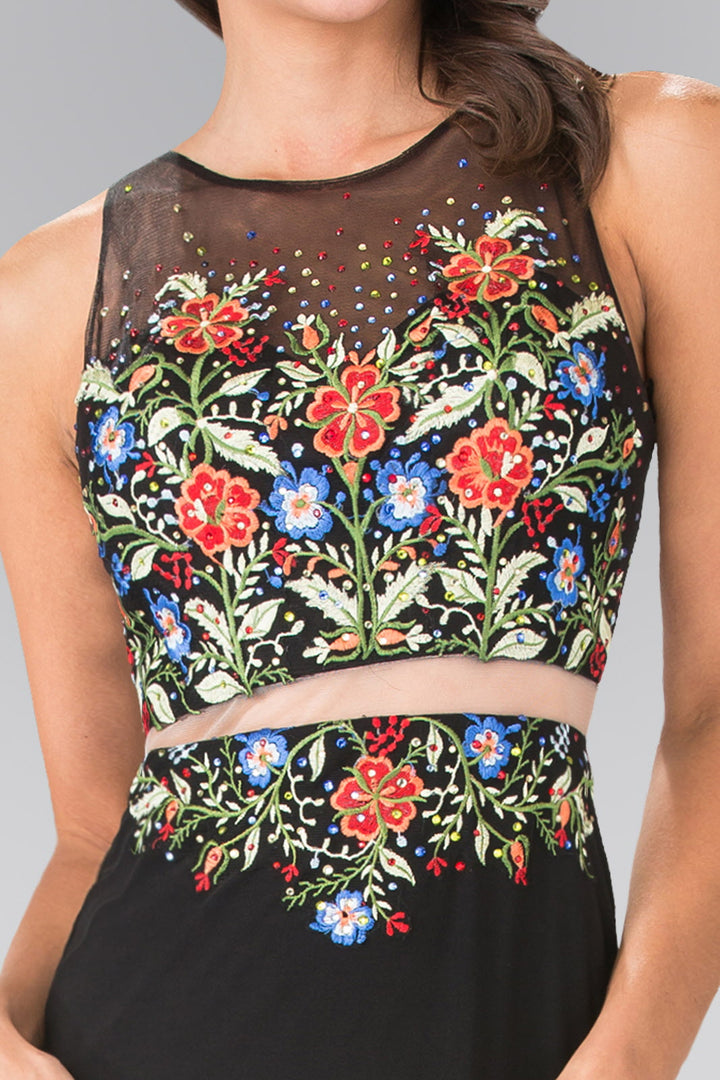 Mock Two-Piece Jersey Long Dress with Floral Embroidery Details-2