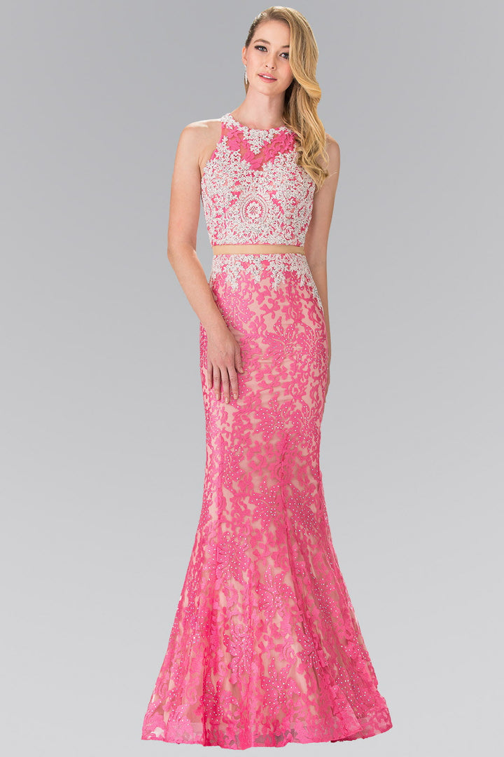 Mock Two-Piece High-Neck Lace Long Dress-0