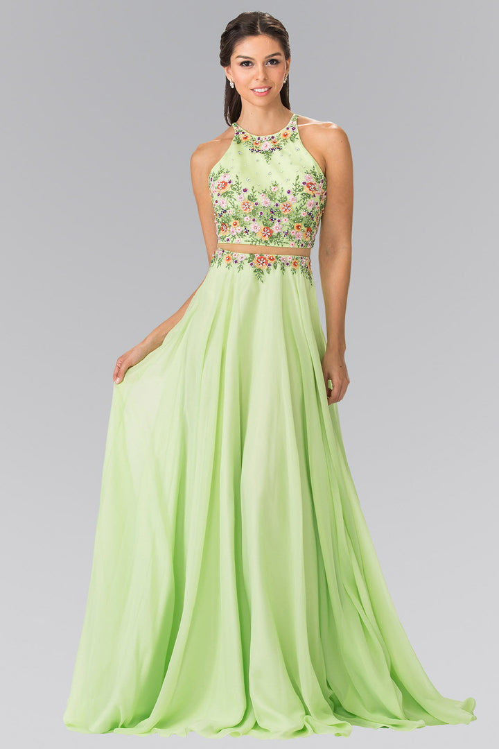 High-Neck Mock Two-Piece Long Dress with Criss Crossing Back-0
