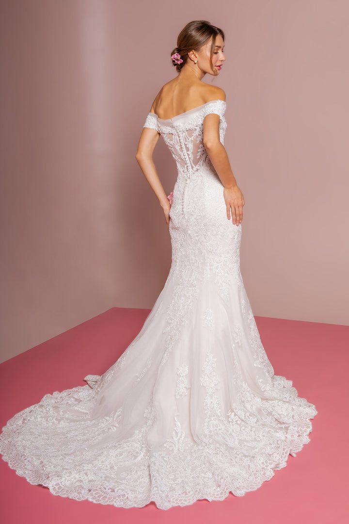 Cut-Away Shoulder Embroidered Mesh Mermaid Wedding Dress GLGL2594-1