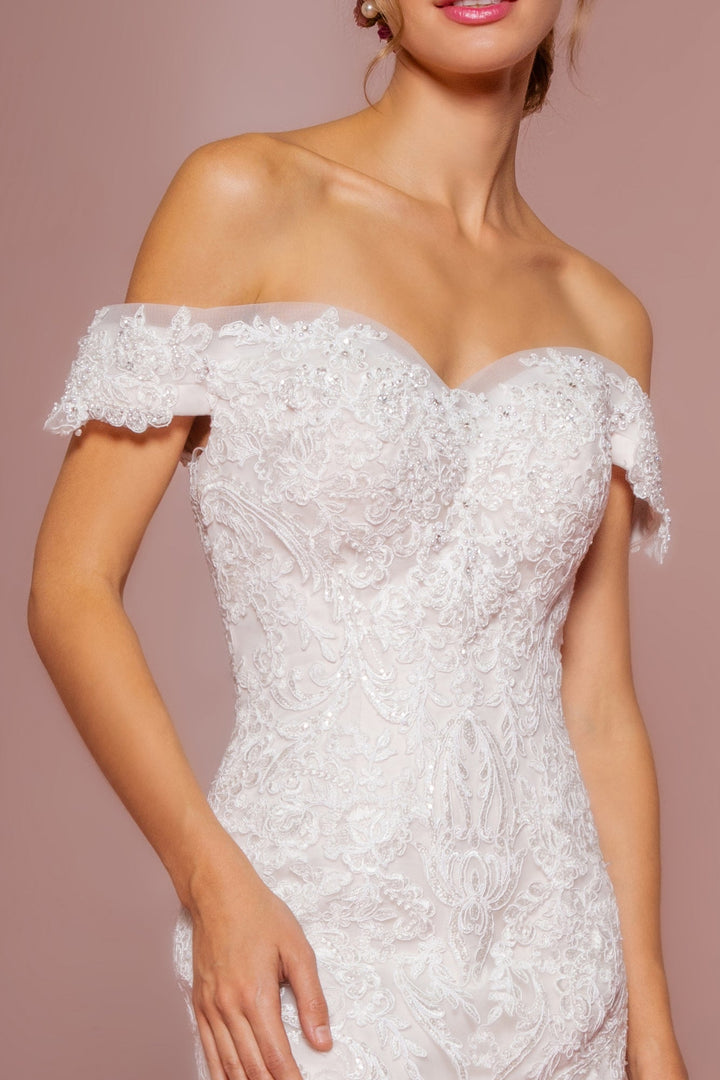 Cut-Away Shoulder Embroidered Mesh Mermaid Wedding Dress GLGL2594-2
