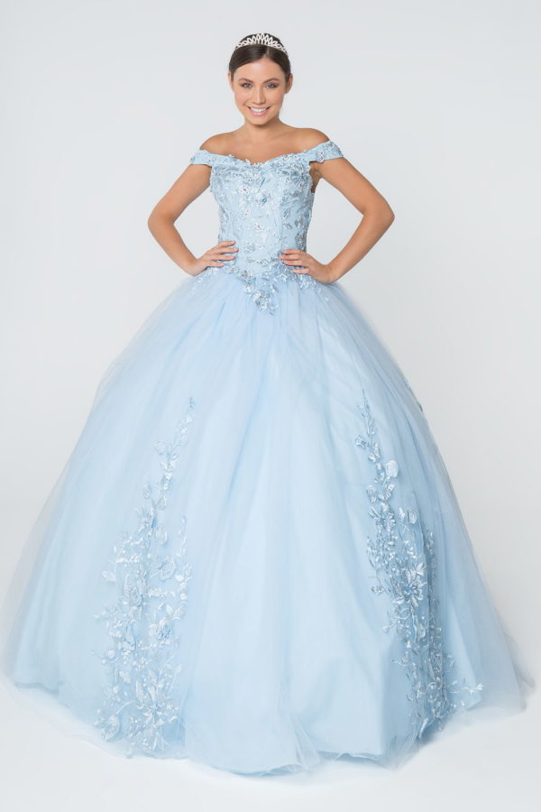 Floral Embroidery and Jewel Embellished V-Neck Mesh Ball Gown-6