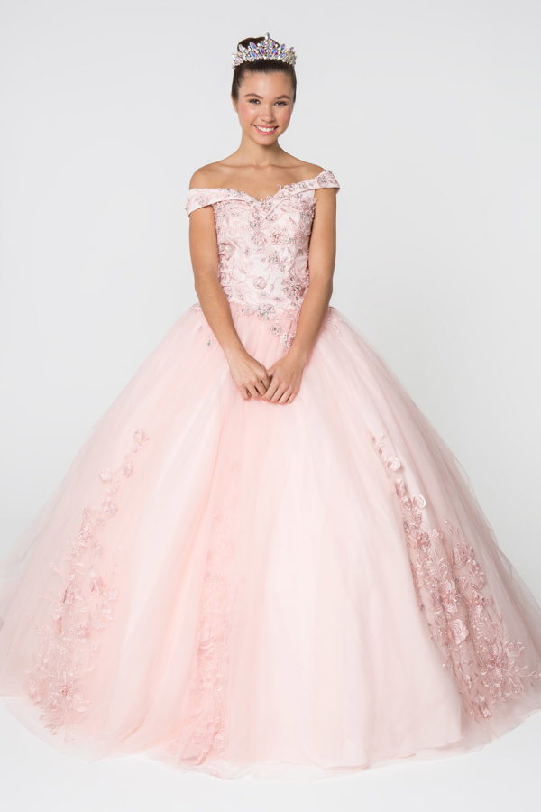 Floral Embroidery and Jewel Embellished V-Neck Mesh Ball Gown-5