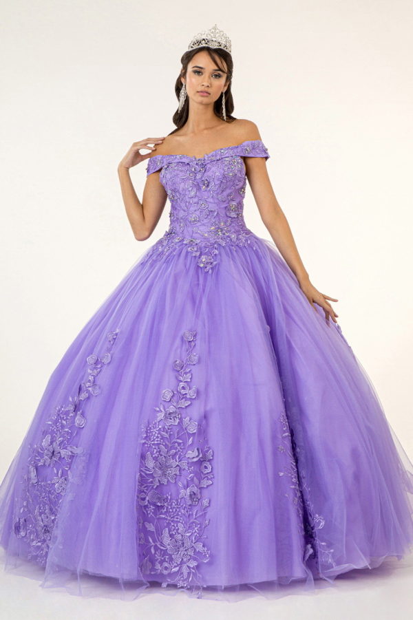 Floral Embroidery and Jewel Embellished V-Neck Mesh Ball Gown-7