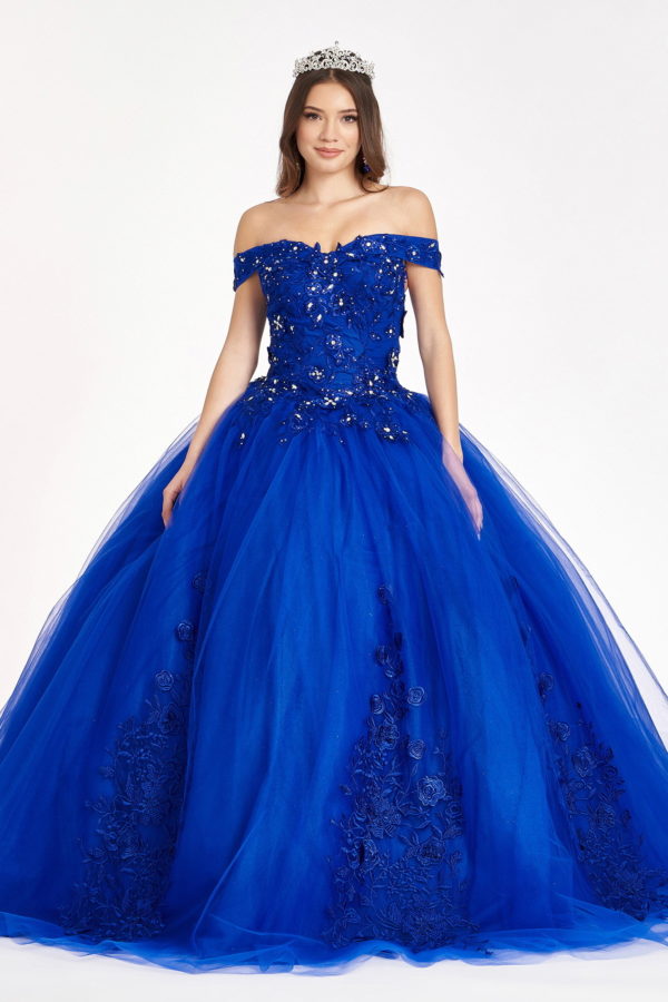 Floral Embroidery and Jewel Embellished V-Neck Mesh Ball Gown-1